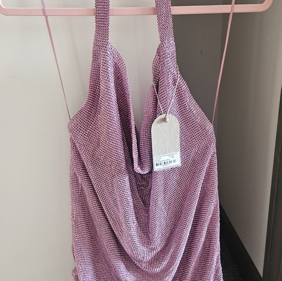 Meshki Meilani Low Back Diamante Pink Mesh Mini Dress - Picture 2 of 4